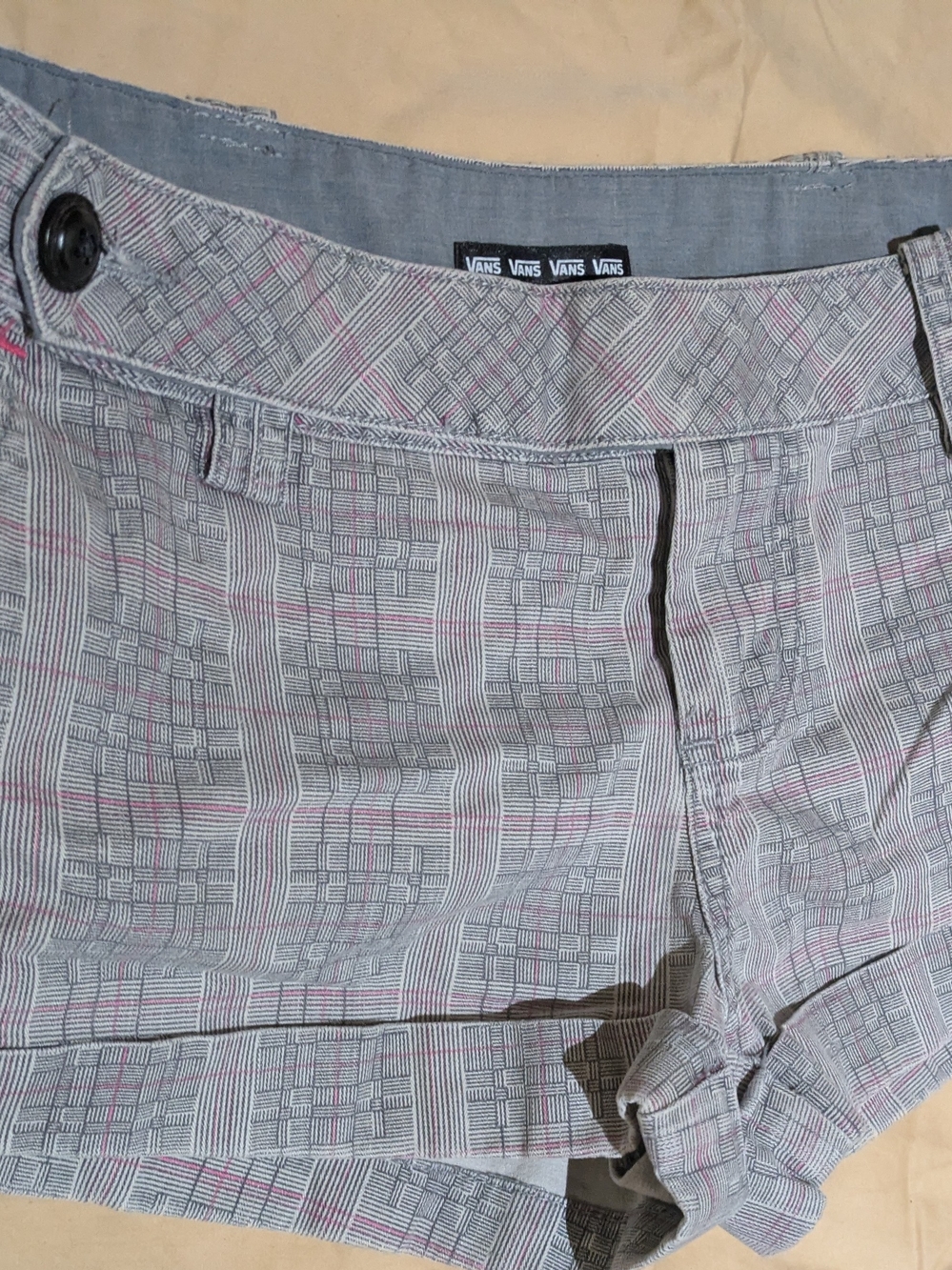 Vans Women's Gray Plaid Shorts with Subtle Pink Stripe